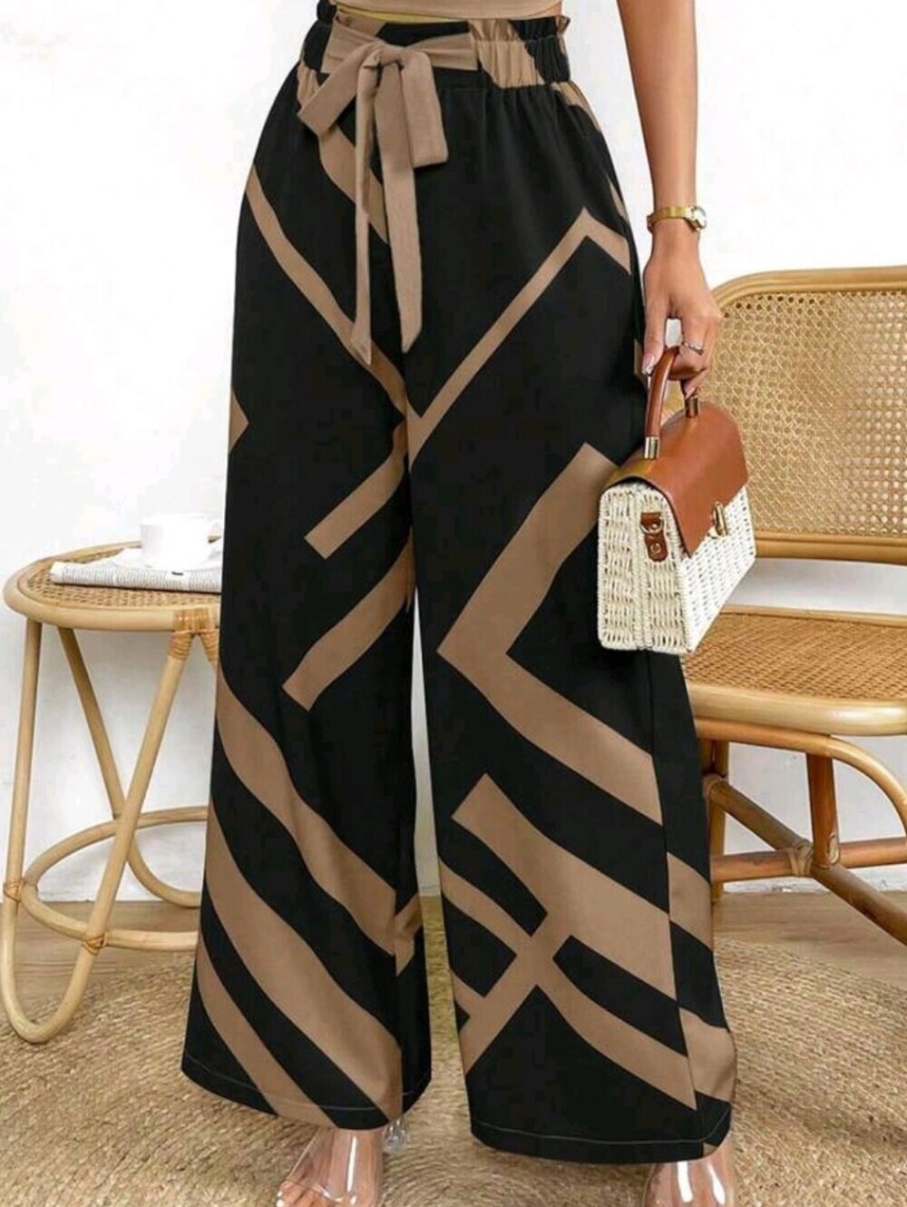 Wide Leg Geometric Print Pants - Black & Brown